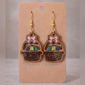 Handmade Resin & Glitter Wood Easter Basket Earrings